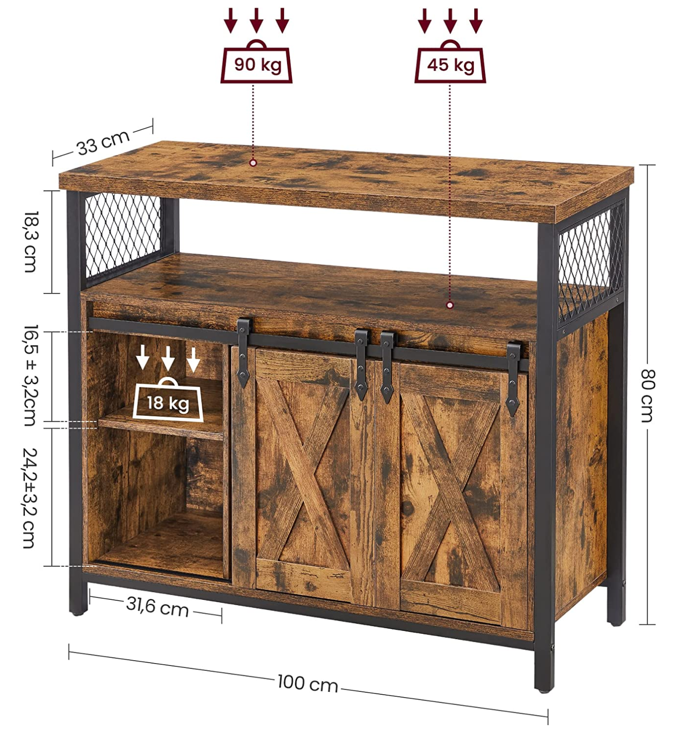 Sideboard, Küchenschrank, Küchen Sideboard, Aufbewahrungsschrank, mit 2 Schiebetüren, verstellbare Ablage, Vasagle, 13