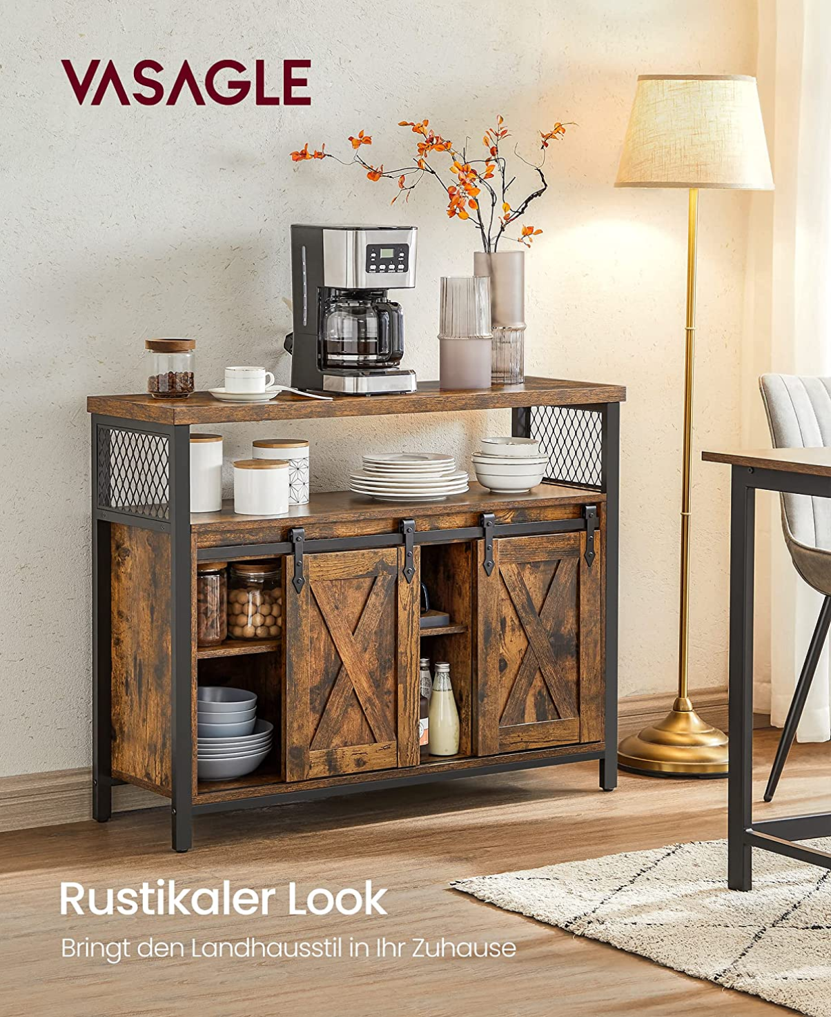 Sideboard, Küchenschrank, Küchen Sideboard, Aufbewahrungsschrank, mit 2 Schiebetüren, verstellbare Ablage, Vasagle, 4
