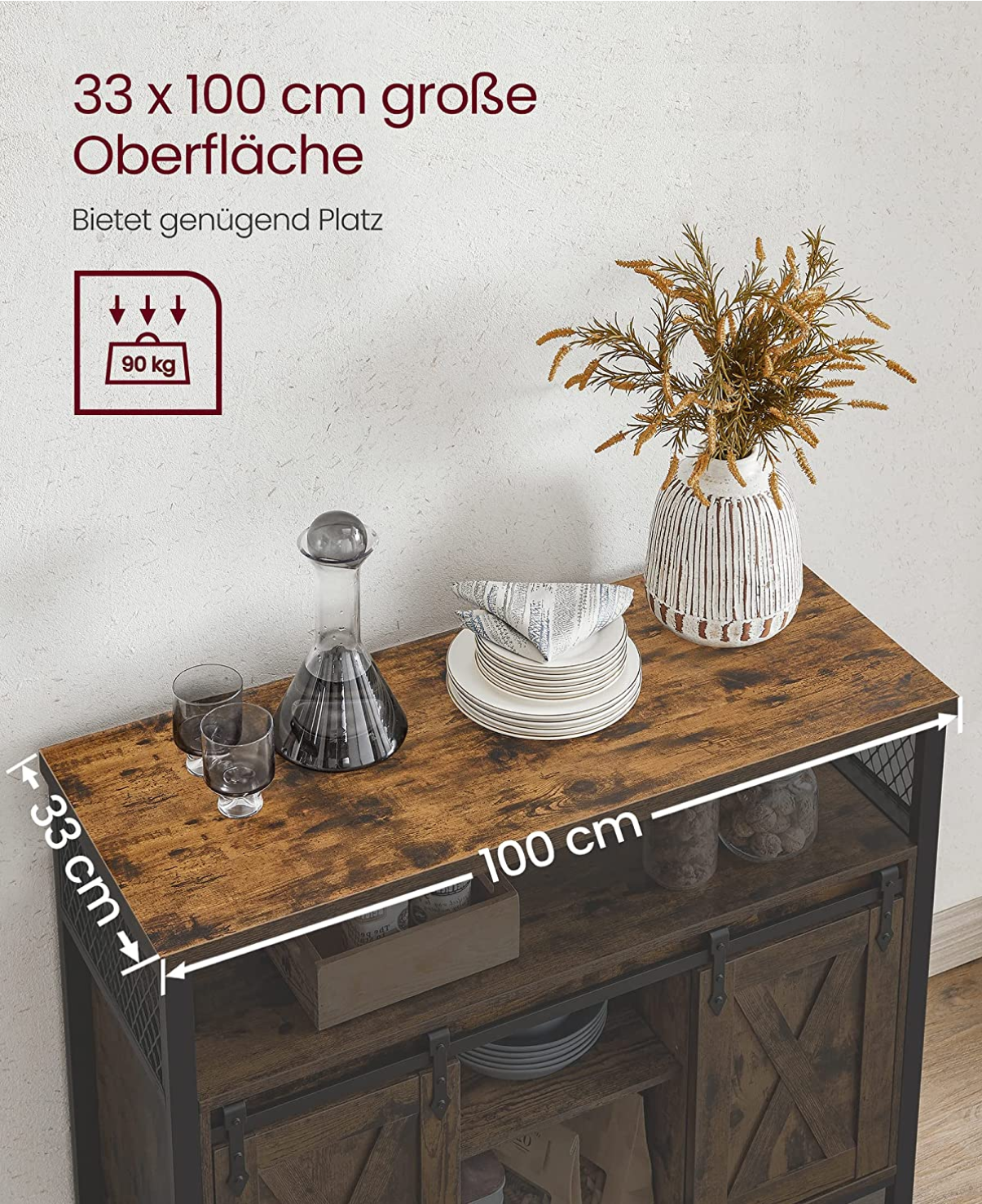 Sideboard, Küchenschrank, Küchen Sideboard, Aufbewahrungsschrank, mit 2 Schiebetüren, verstellbare Ablage, Vasagle, 11