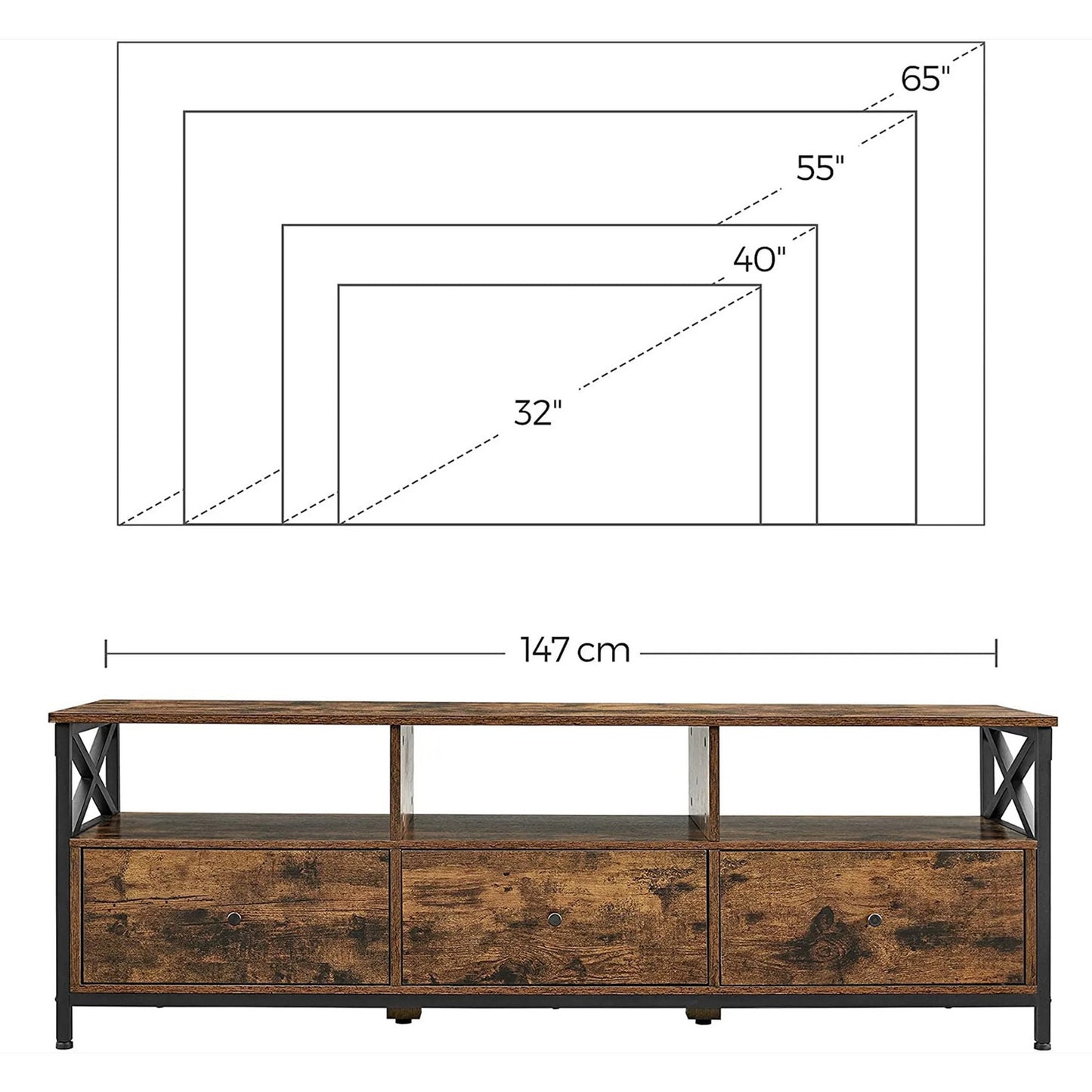 Vasagle - TV-Schrank, Lowboard für Fernseher bis zu 65 Zoll, Fernsehtisch mit 3 Schubladen, 40 x 147 x 50 cm, Industrie-Design, Stahlgestell