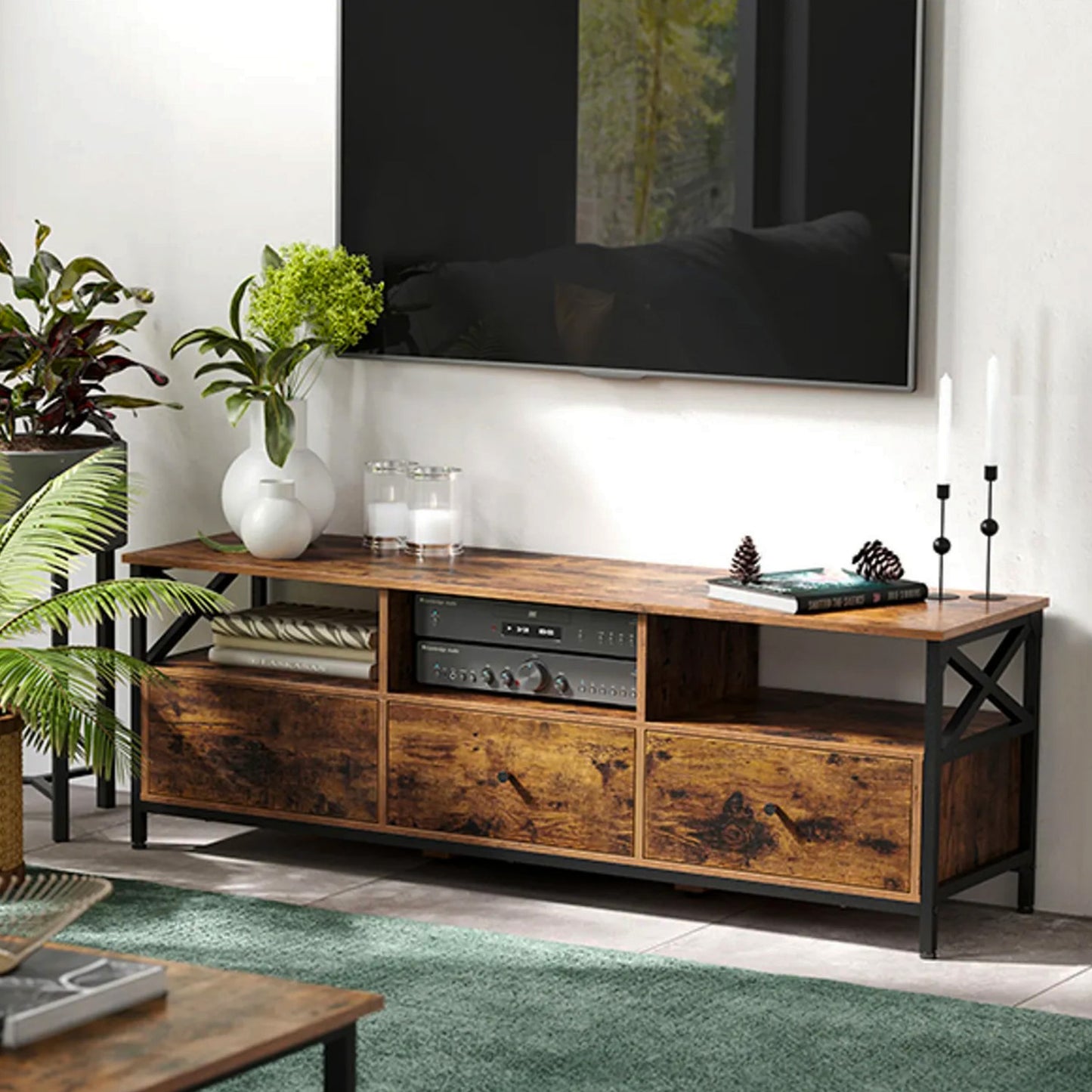 Vasagle - TV-Schrank, Lowboard für Fernseher bis zu 65 Zoll, Fernsehtisch mit 3 Schubladen, 40 x 147 x 50 cm, Industrie-Design, Stahlgestell