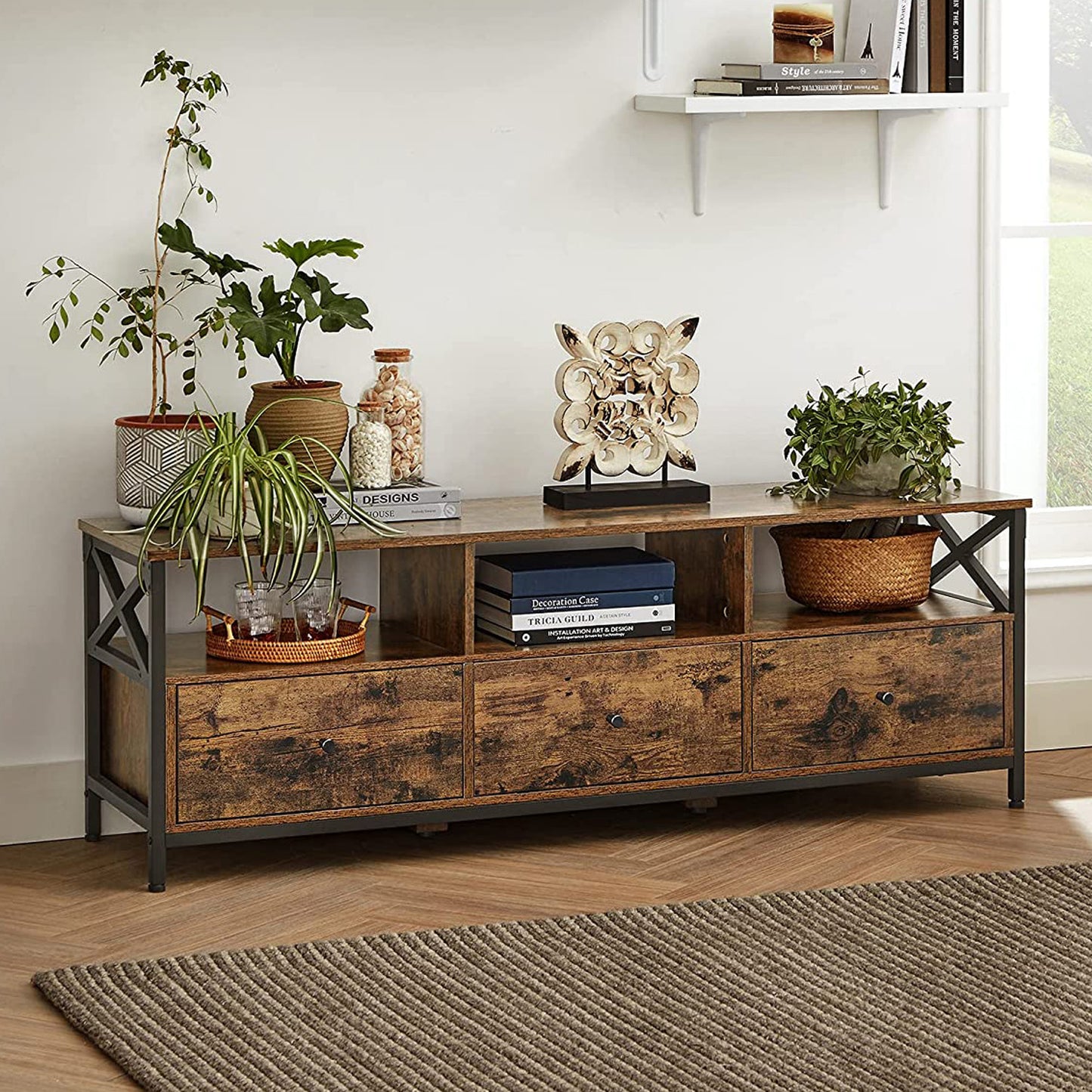 Vasagle - TV-Schrank, Lowboard für Fernseher bis zu 65 Zoll, Fernsehtisch mit 3 Schubladen, 40 x 147 x 50 cm, Industrie-Design, Stahlgestell