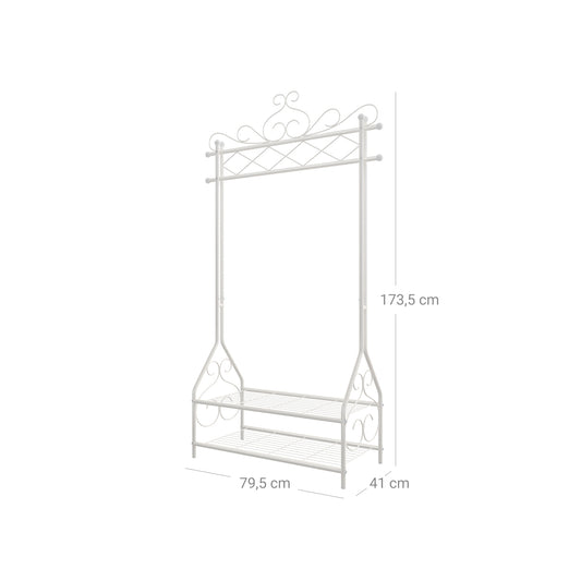 SONGMICS Kleiderständer im Vintage-Stil Garderobenständer mit Kleiderstange und 2 Ablagen aus Metall 92 x 173 x 41 cm (B x H x T) Cremeweiß