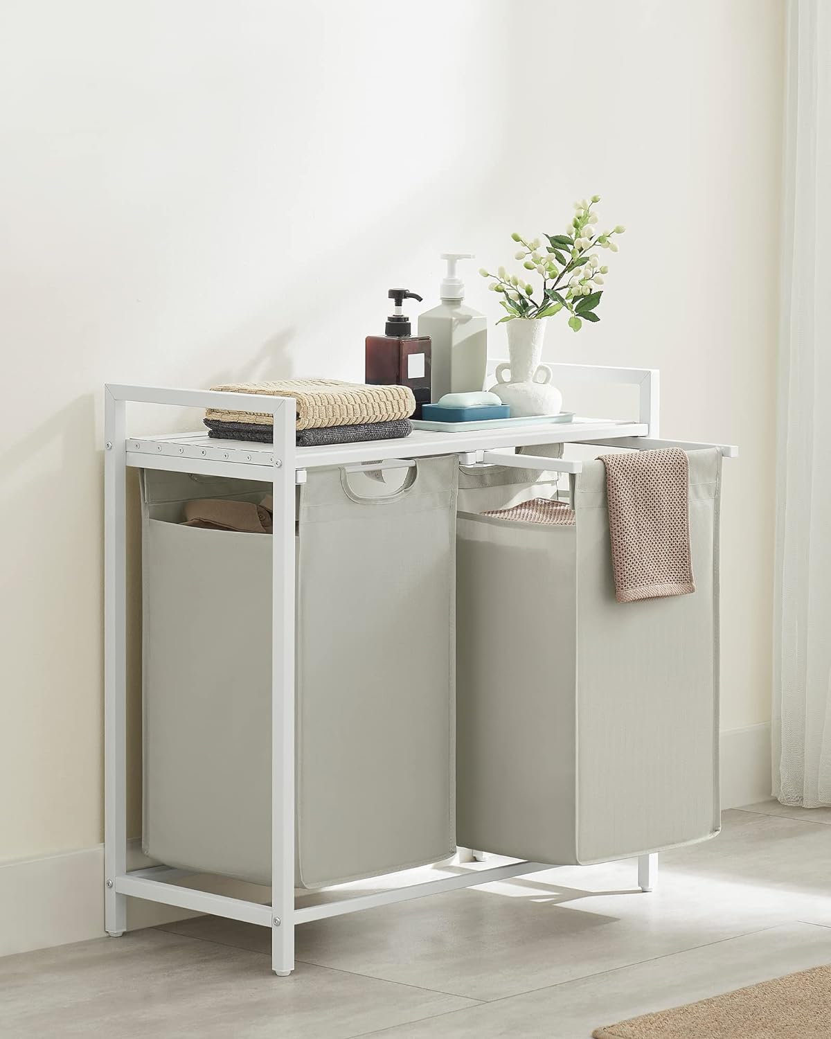 Wäschekorb 2 Fächer, Wäschekorb Regal, Wäschesammler Regal, Wäschesack ausziehbar, VASAGLE, 3