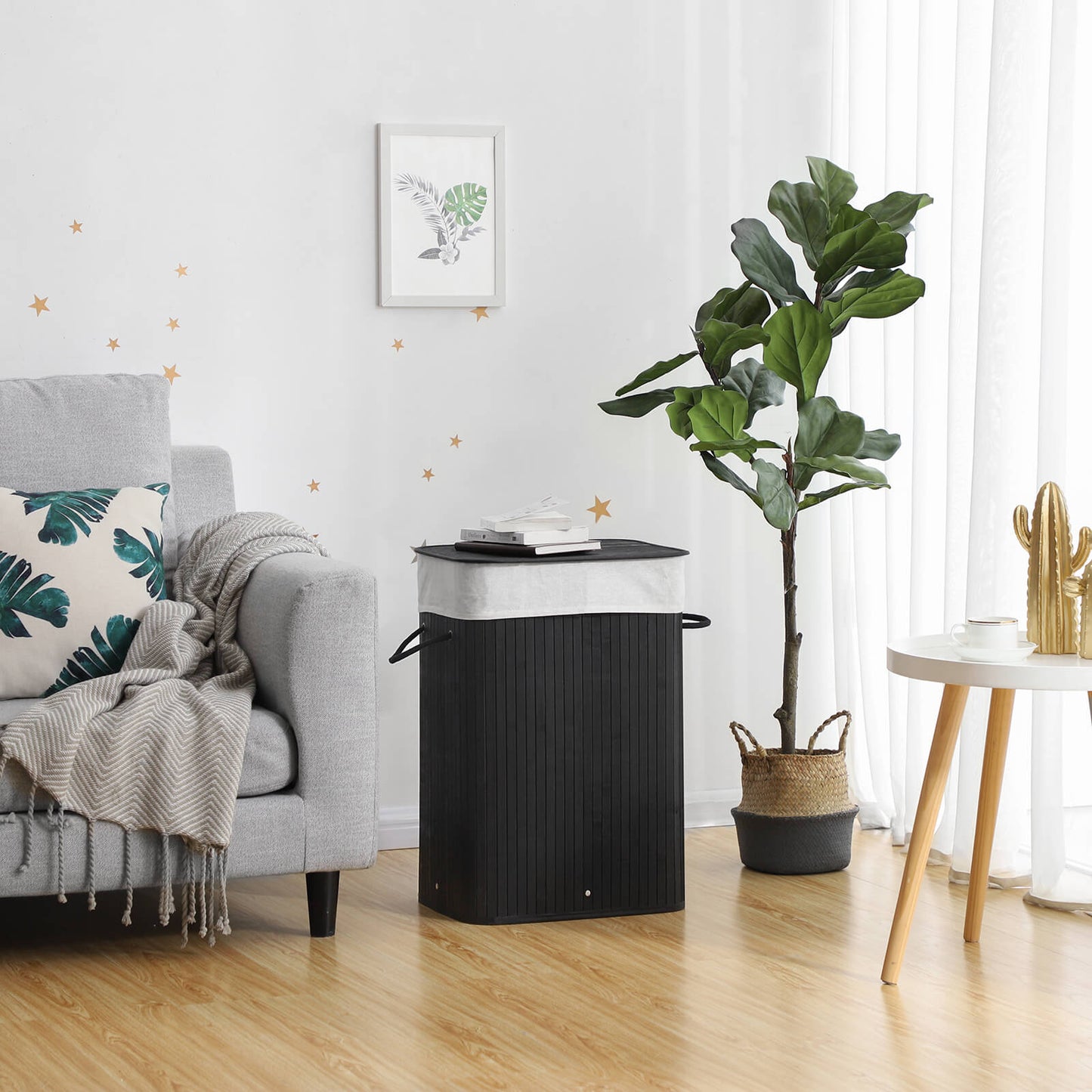 Wäschekorb, 72 L, aus Bambus, Faltbarer, Wäschesammler mit Deckel, Wäschesack aus Baumwolle, Wäschebox, Songmics, 6