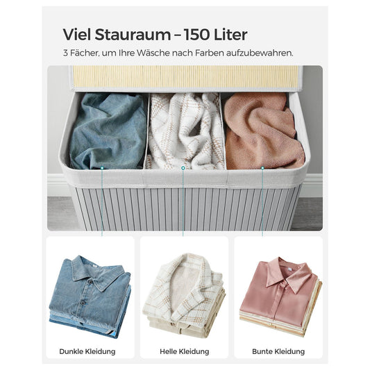 Wäschekorb Bambus, 150 L, Wäschekorb 3 Fächer, Wäschesammler mit Deckel, Wäschebox Bambus, mit Griffen, grau, SONGMICS, 1