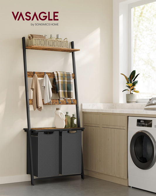 Wäschekorb, Wäschekorb Regal, Wäschesammler Schrank, Kleiderständer mit Ablage, mit Wäschekorb 2 Fächer, Vasagle, 2
