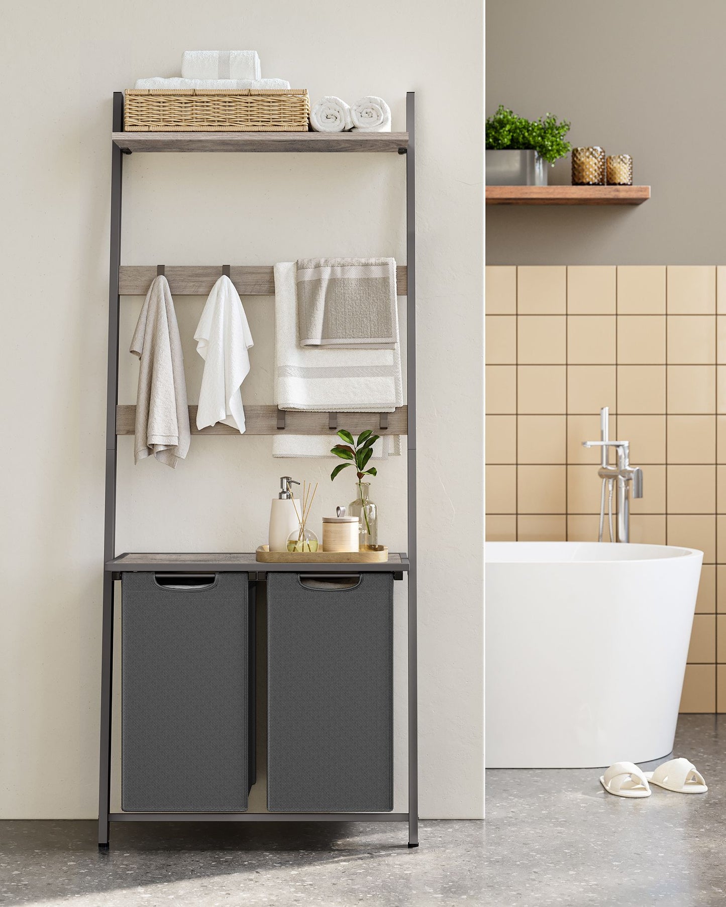 Wäschekorb, Wäschekorb Regal, Wäschesammler Schrank, Kleiderständer mit Ablage, Wäschekorb 2 Fächer, Vasagle, 5