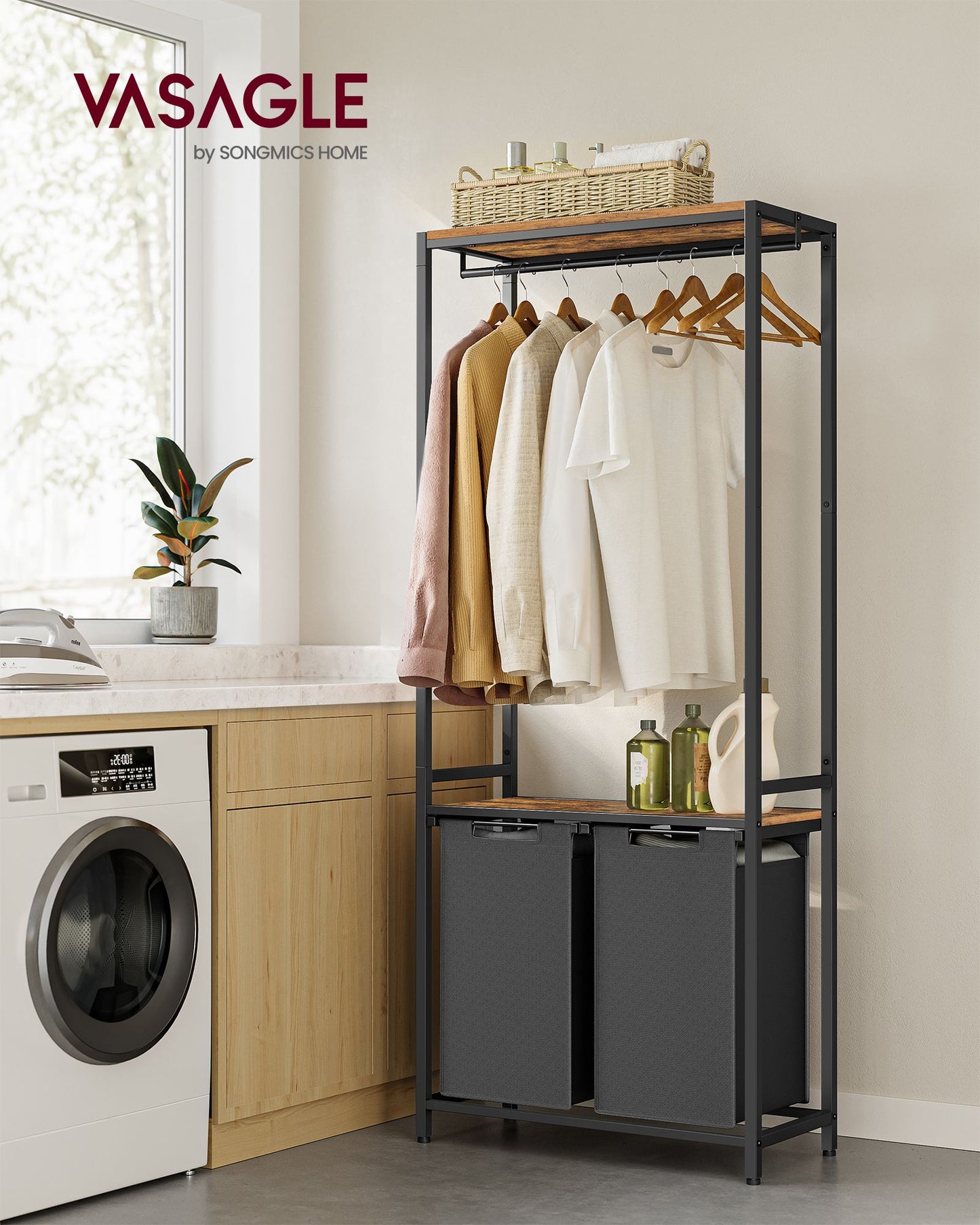 Wäschekorb Regal, 2 x 46 L, Wäschesammler Schrank, 2 Fächer, Wäschekorb mit Garderobenständer, schwarz, VASAGLE, 7