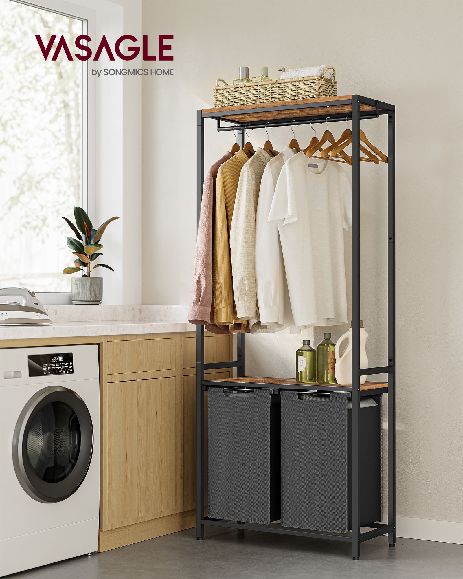 Wäschekorb Regal, 2 x 46 L, Wäschesammler Schrank, 2 Fächer, Wäschekorb mit Garderobenständer, schwarz, VASAGLE, 7