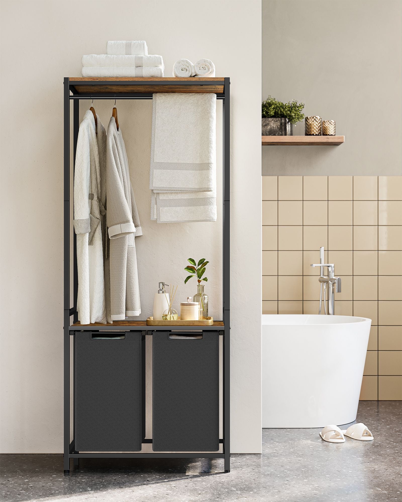 Wäschekorb Regal, 2 x 46 L, Wäschesammler Schrank, 2 Fächer, Wäschekorb mit Garderobenständer, schwarz, VASAGLE, 8