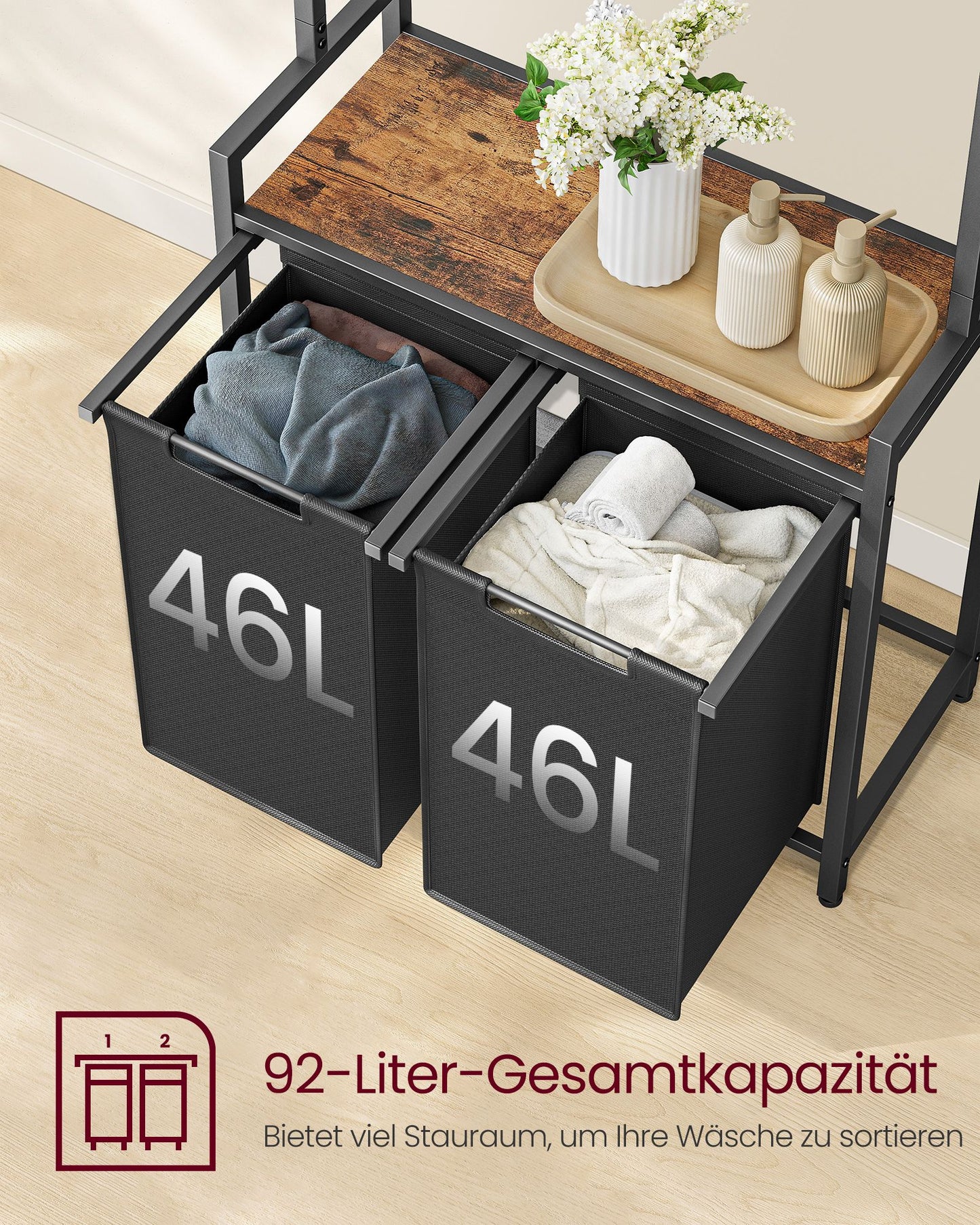 Wäschekorb Regal, 2 x 46 L, Wäschesammler Schrank, 2 Fächer, Wäschekorb mit Garderobenständer, schwarz, VASAGLE, 4