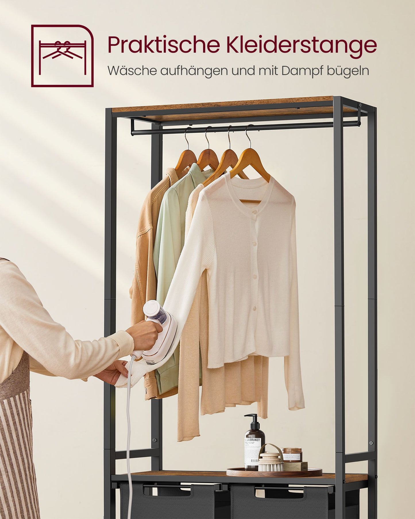 Wäschekorb Regal, 2 x 46 L, Wäschesammler Schrank, 2 Fächer, Wäschekorb mit Garderobenständer, schwarz, VASAGLE, 2