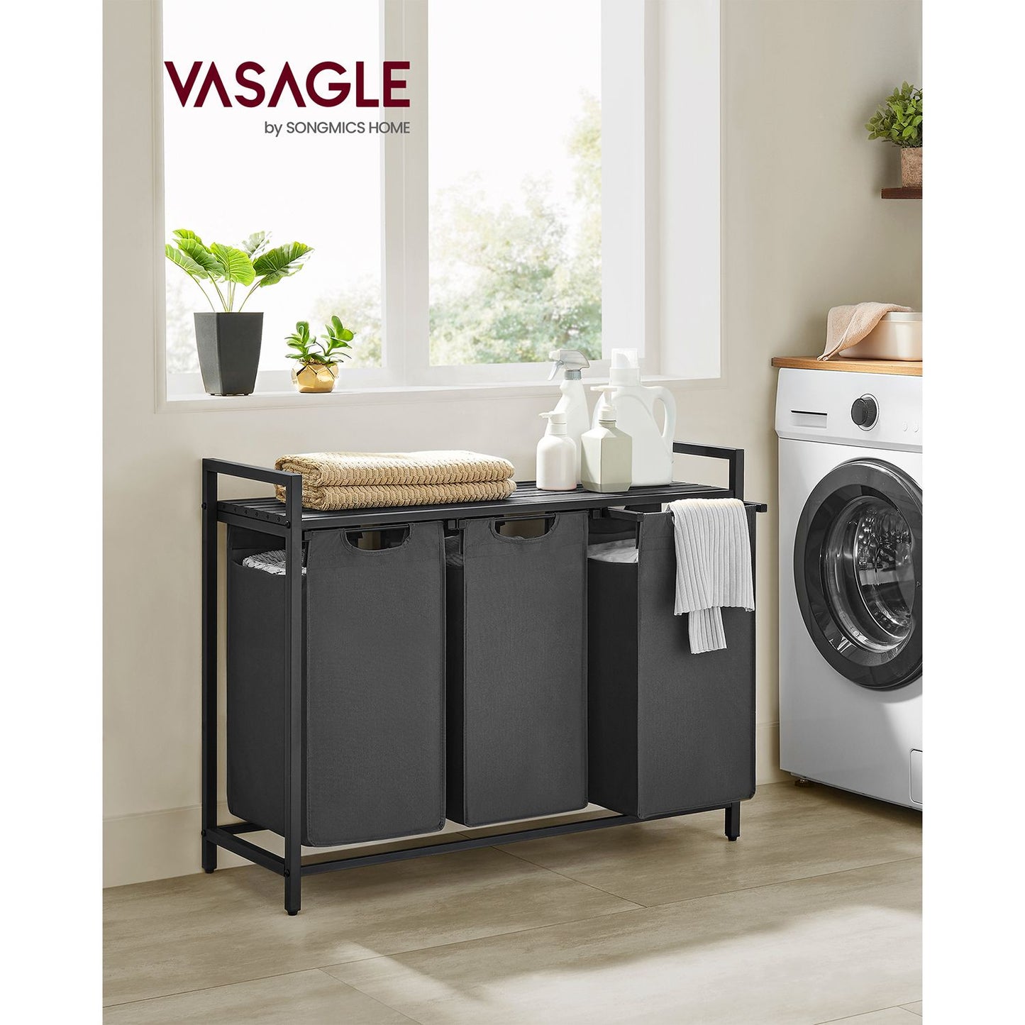 Wäschekorb Regal, 3 x 38 L, Wäschekorb 3 Fächer, Wäschesammler mit Ablage, Wäschebox, Metallrahmen, schwarz-grau, VASAGLE, 8