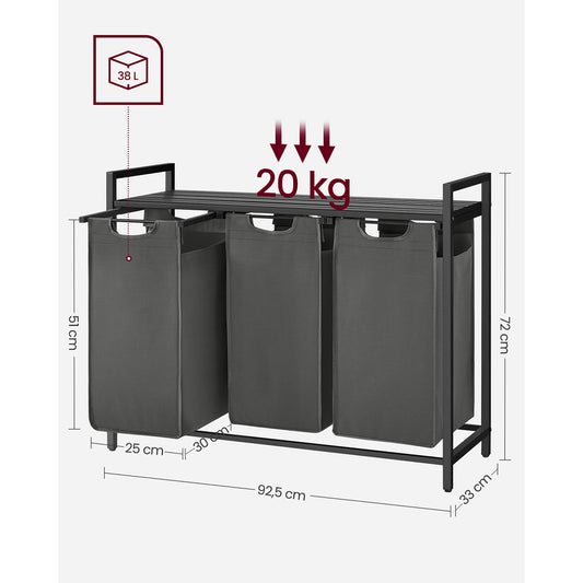 Wäschekorb Regal, 3 x 38 L, Wäschekorb 3 Fächer, Wäschesammler mit Ablage, Wäschebox, Metallrahmen, schwarz-grau, VASAGLE, 5