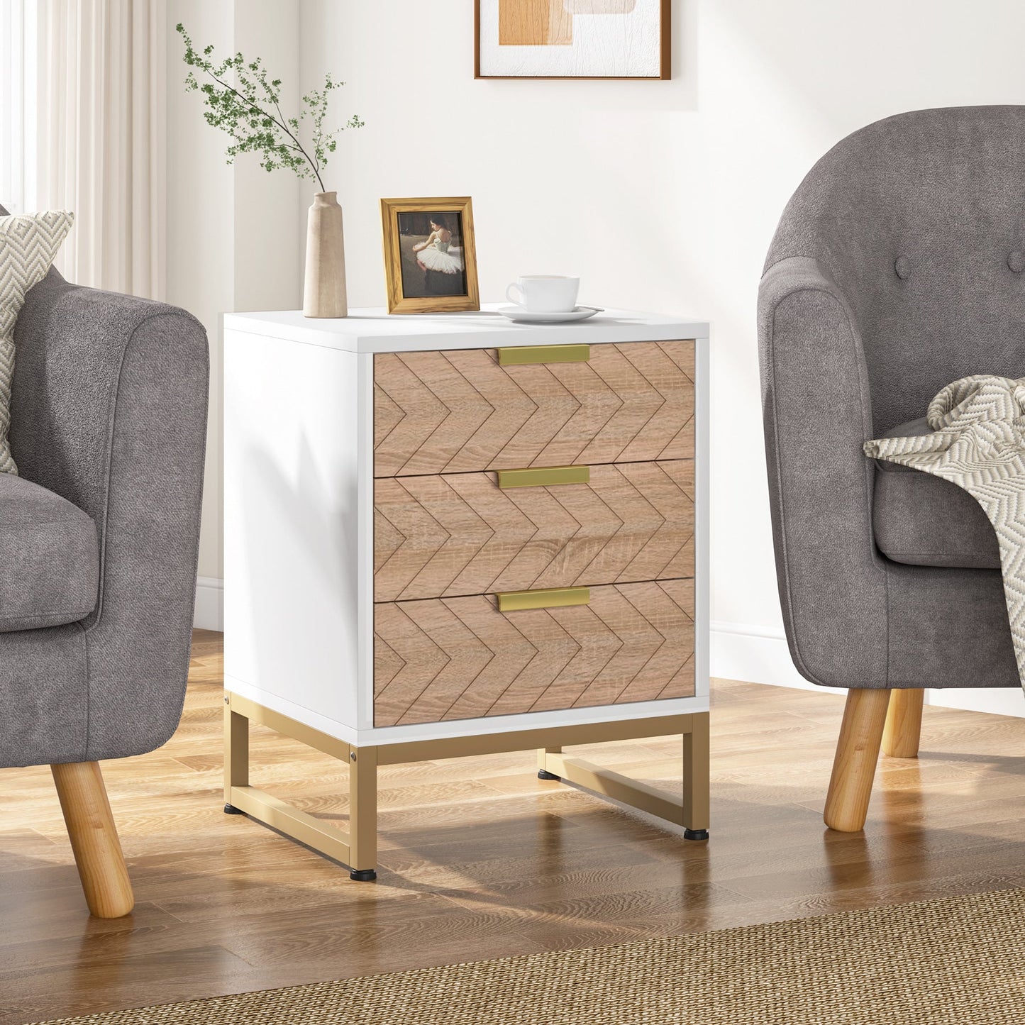 Tribesigns - Nachttisch mit 3 Schubladen, Nachttisch mit einzigartigem Zickzack Design, Beistelltisch für Schlafzimmer und Wohnzimmer, Weiß & Gold