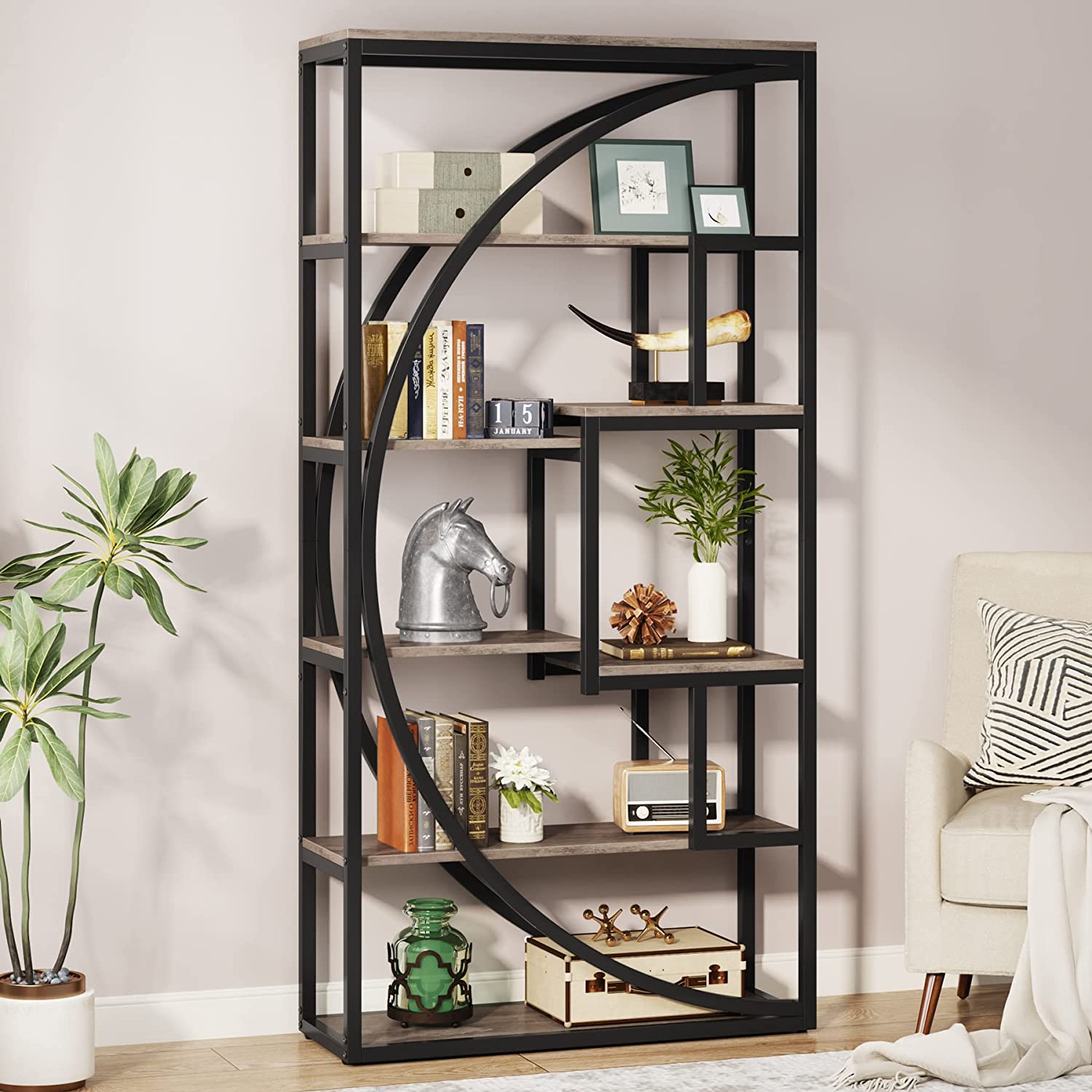 Tribesigns - Bücherregal, Industrielles 5-stöckiges Bücherregal, 180 cm hohes Bücherregal mit 8 offenen Lagerregalen, Tack Regaleinheit, Grau