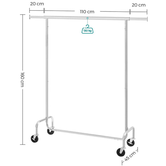 Kleiderständer auf Rollen, Garderobenständer, hochbelastbar, ausziehbare Kleiderstange, bis 130 kg belastbar