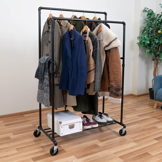 Kleiderständer Stabil, mit 2 Kleiderstangen und Ablage, Schwerlast Kleiderständer, Kleiderständer auf Rollen, Kleiderständer Metall
