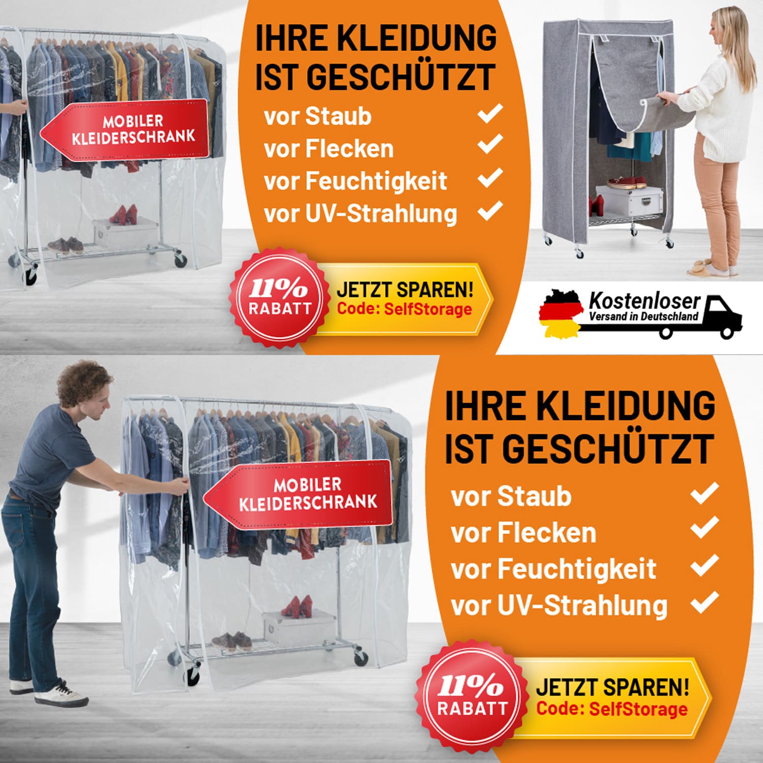  Faltschrank auf Rollen, Mobiler Kleiderschrank, Stoffschrank Stabil