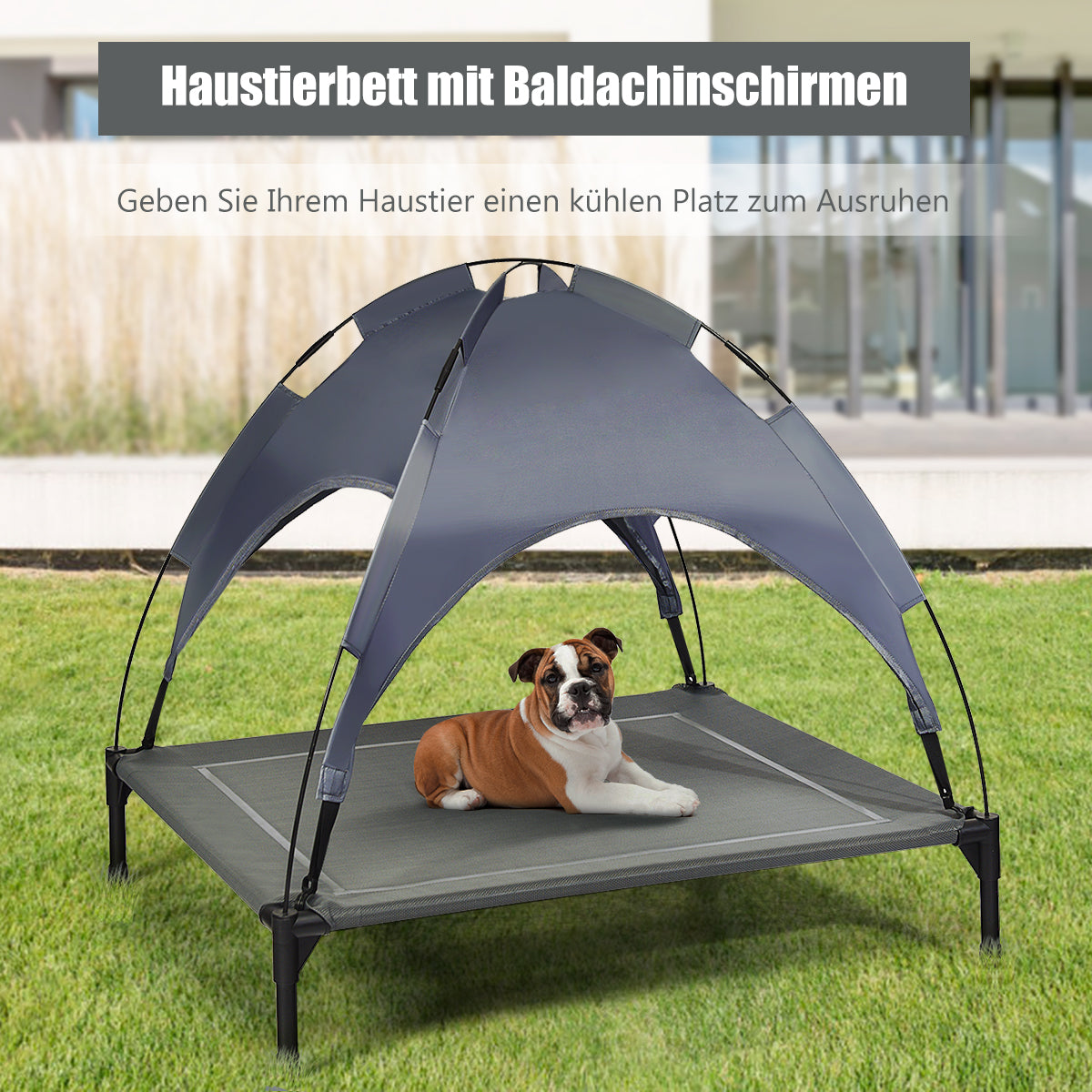 Costway - Hundebett xxl, Hundebett Outdoor, Hundebett mit Dach, Erhöhtes Hundebett, abnehmbarer Überdachung, Haustierbett, 90 x 81 x 86 cm, Grau