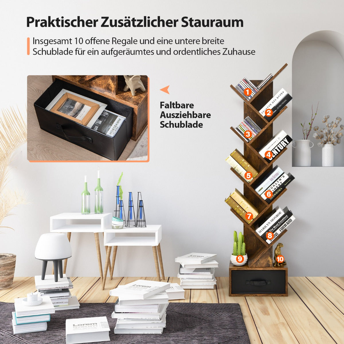 Eckregal, Bücherregal, 10-stöckiges Baum Bücherregal mit Schublade für Schlafzimmer, Wohnzimmer Rustikales Braun, Costway, 3