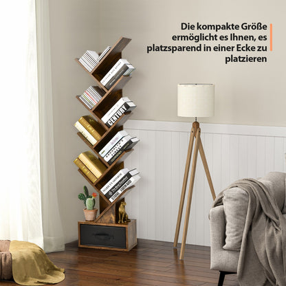 Eckregal, Bücherregal, 10-stöckiges Baum Bücherregal mit Schublade für Schlafzimmer, Wohnzimmer Rustikales Braun, Costway, 6