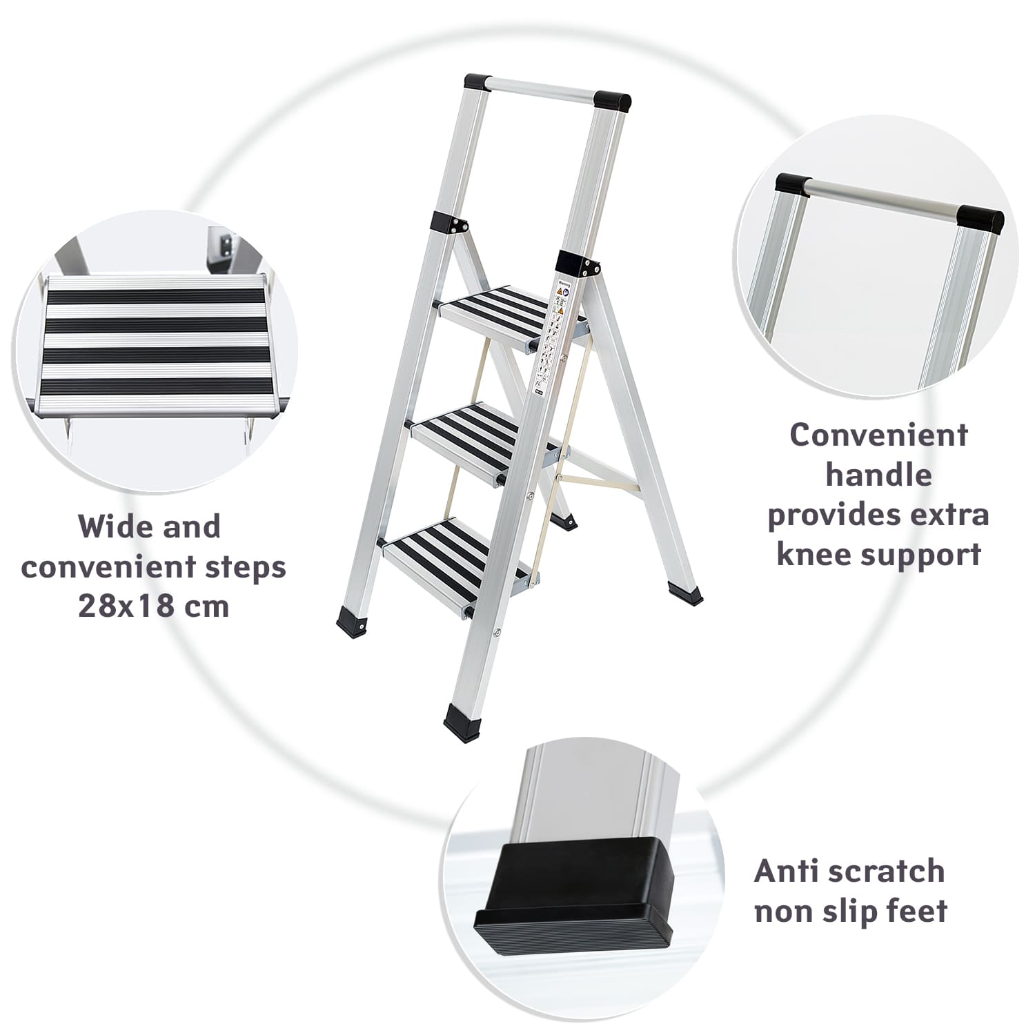 Tatkraft Adamant - Trittleiter 3 Stufen, Solide und Stabil, Klappleiter Haushalt Aluminium, Rutschsichere Stufen, Belastbarkeit bis 150 kg