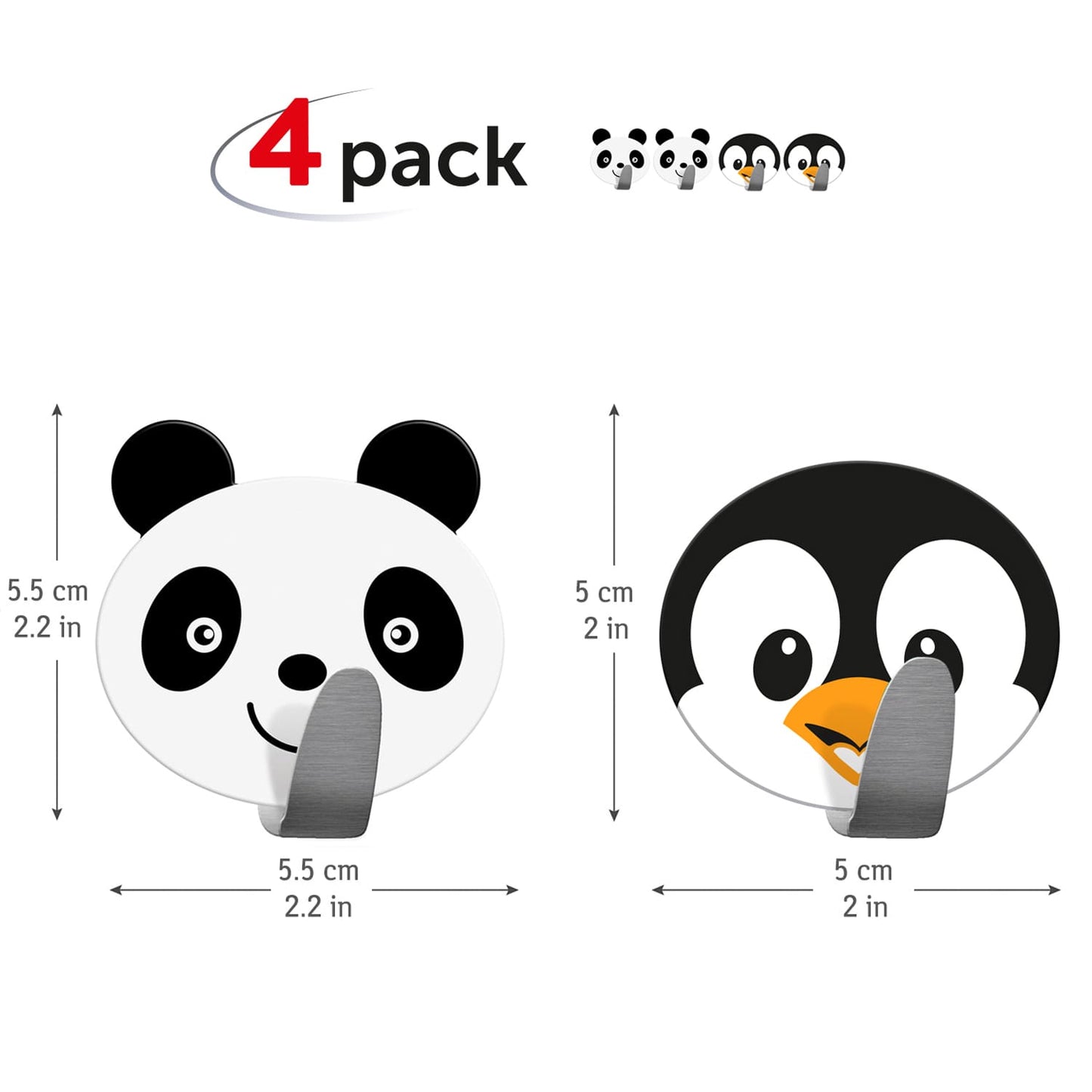 Tatkraft Friends 4er Pack Klebehaken Kinder, Handtuchhalter Aus Edelstahl, Panda Pinguin Design, Handtuchhaken Selbstklebend