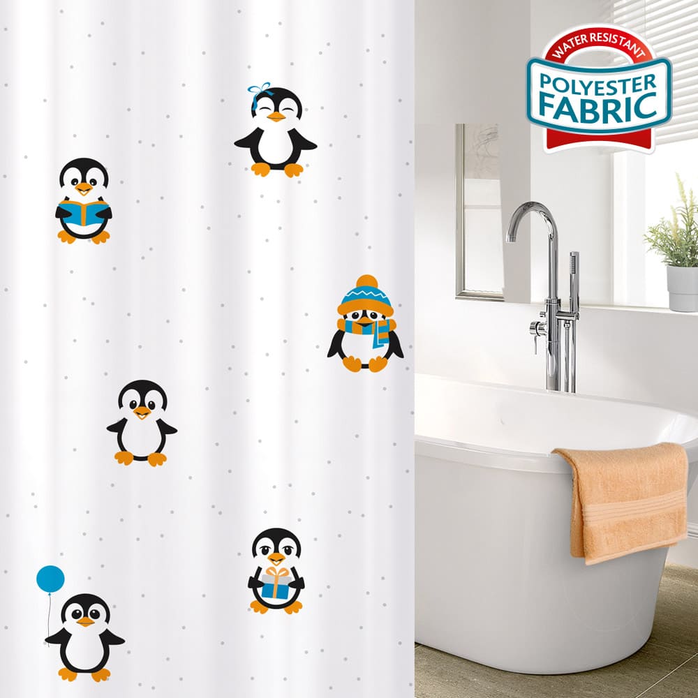 Duschvorhang, Duschvorhang Textil, Duschvorhang Modern, mit 12 Vorhangringen, Textil Polyester, Tatkraft Funny Penguins, 1