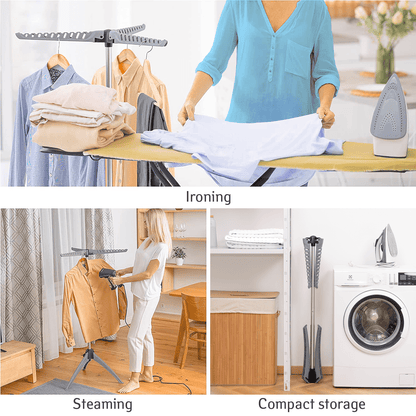 Frau bügelt und dämpft Hemden mit art moon Cedar Wäscheständer