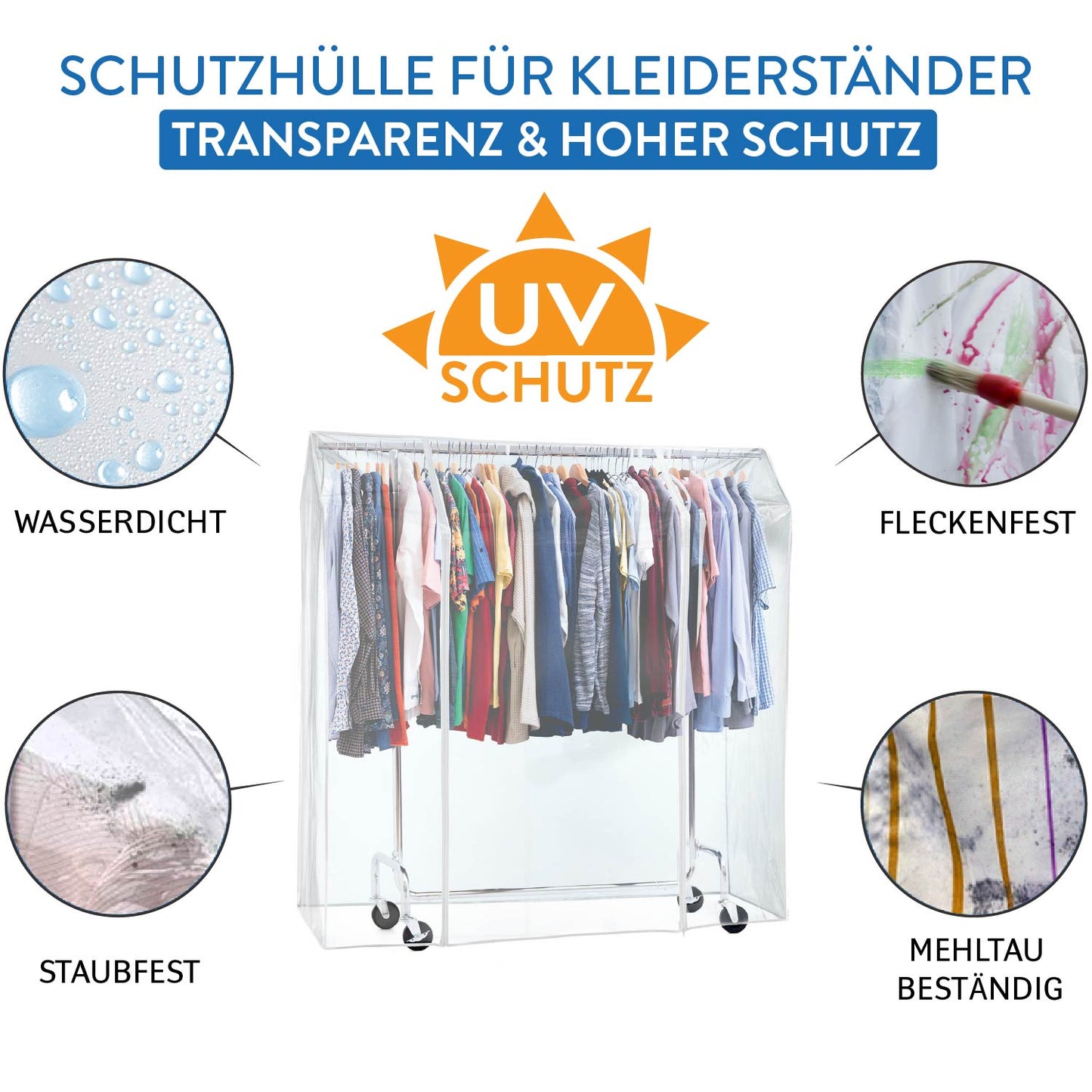 Schutzhülle für Kleiderständer, Transparent, Kleiderständer Abdeckung, 2 Reissverschlüsse, Staub- und UV-Schutz, Tatkraft Schild, 4