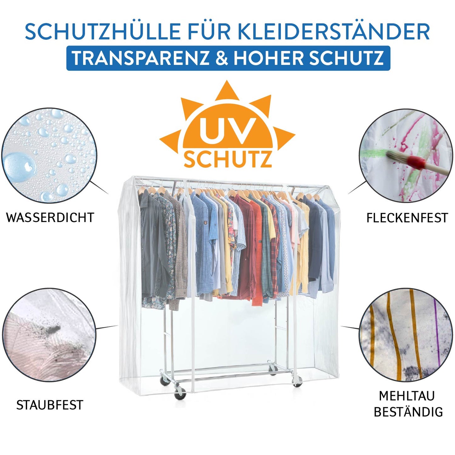 Tatkraft Safe - Kleiderständer Abdeckung, Große Maße 169×90×170 cm, Schutzhülle für Kleiderständer, 2 Reissverschlüsse, Staubschutz, Transparent