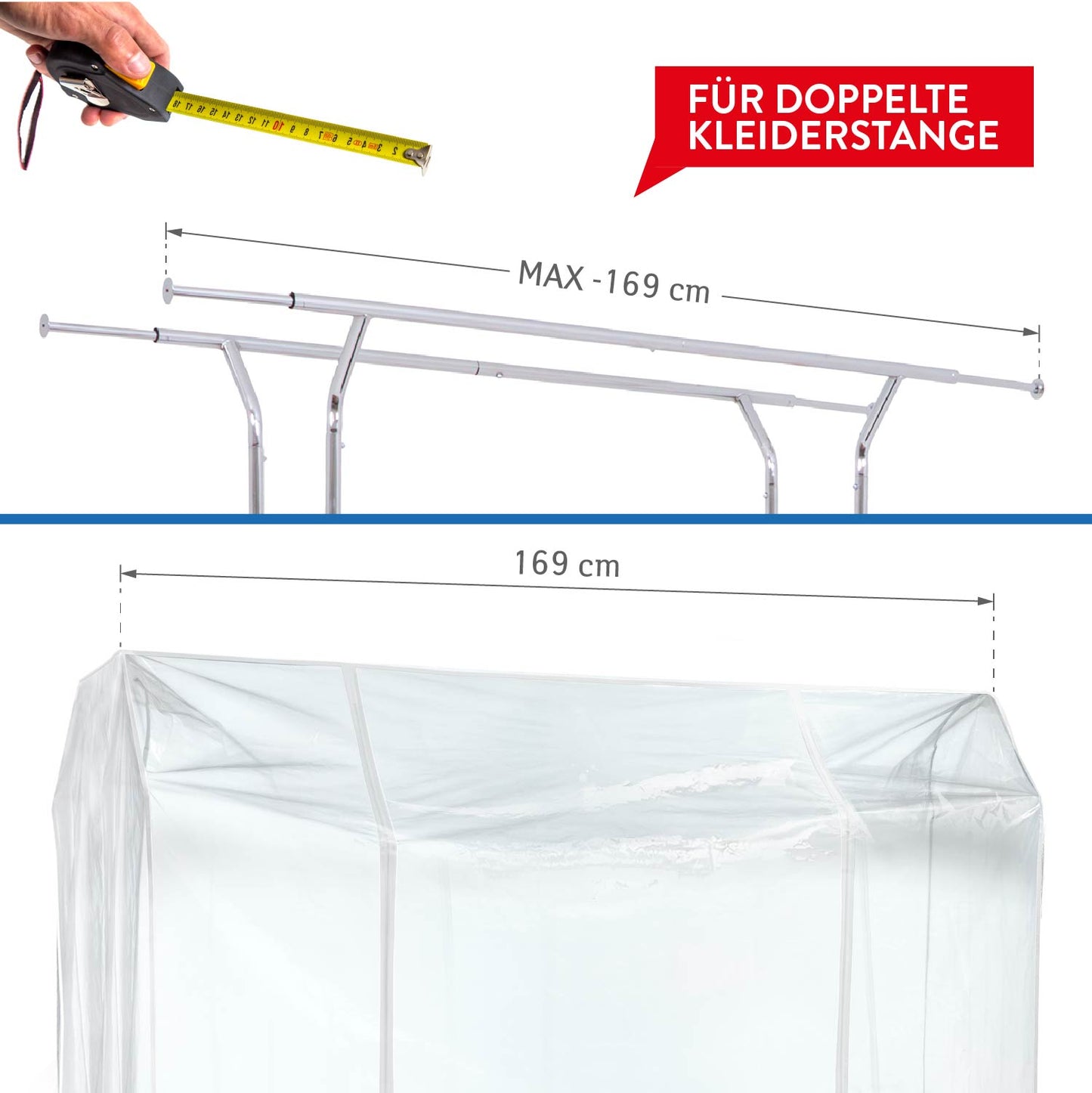 Tatkraft Safe - Kleiderständer Abdeckung, Große Maße 169×90×170 cm, Schutzhülle für Kleiderständer, 2 Reissverschlüsse, Staubschutz, Transparent