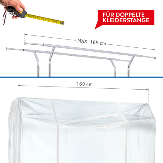 Tatkraft Safe - Kleiderständer Abdeckung, Große Maße 169×90×170 cm, Schutzhülle für Kleiderständer, 2 Reissverschlüsse, Staubschutz, Transparent
