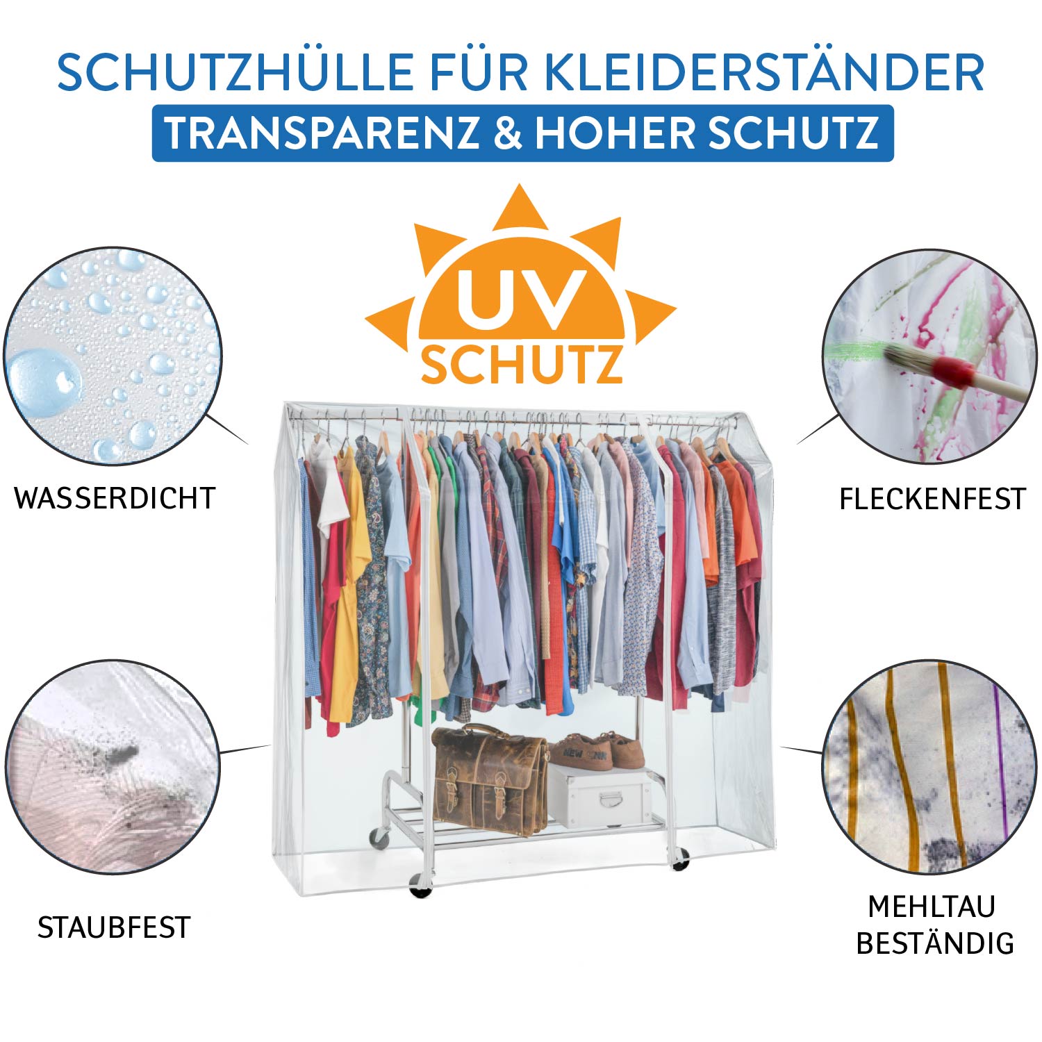 Kleiderständer Abdeckung, Schutzhülle für fahrbaren Kleiderständer, 2 Reissverschlüsse, Staubschutz, Transparent, Tatkraft Defender, 3