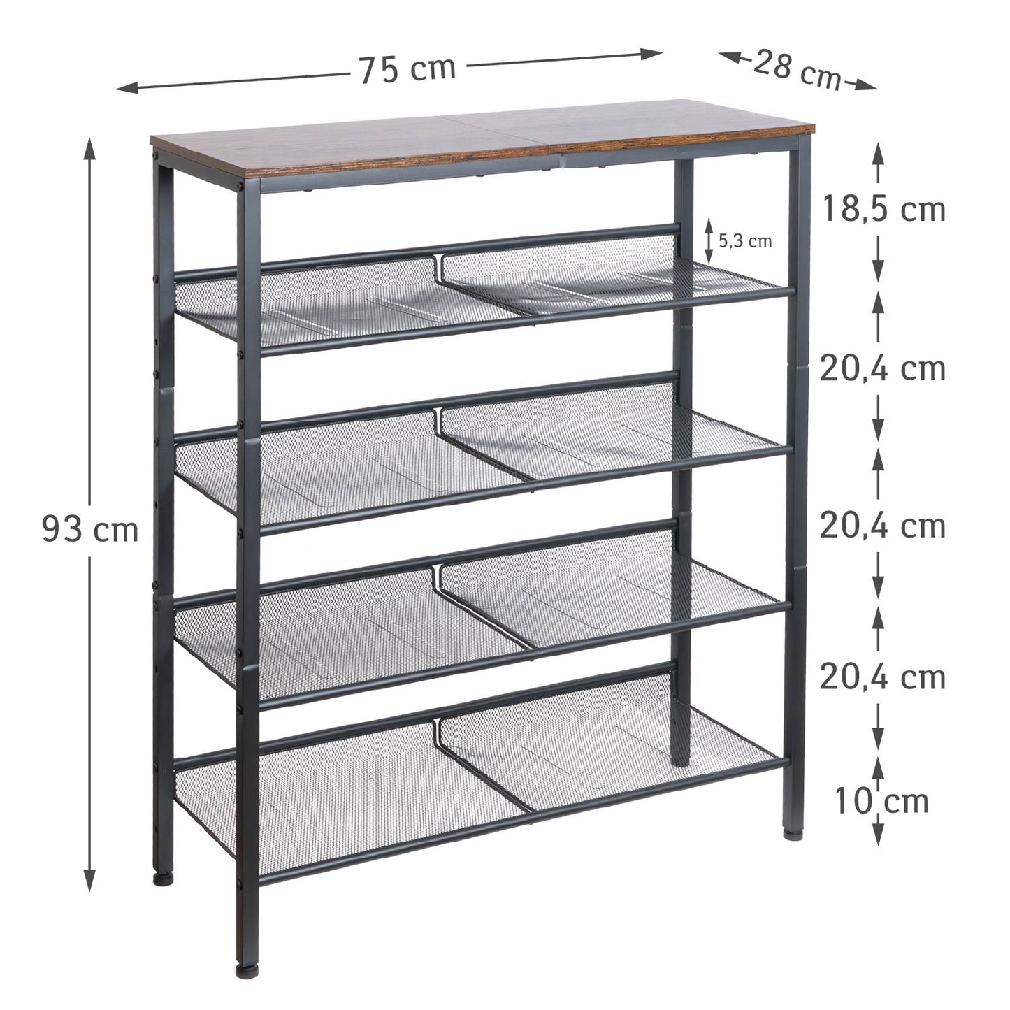Schuhregal, 5-stöckiges, mit 4 verstellbar Gitterablage, Schuhregal Schmal, 75 x 28 x 93 cm, Schuhregal Metall, Tatkraft Otto, 4