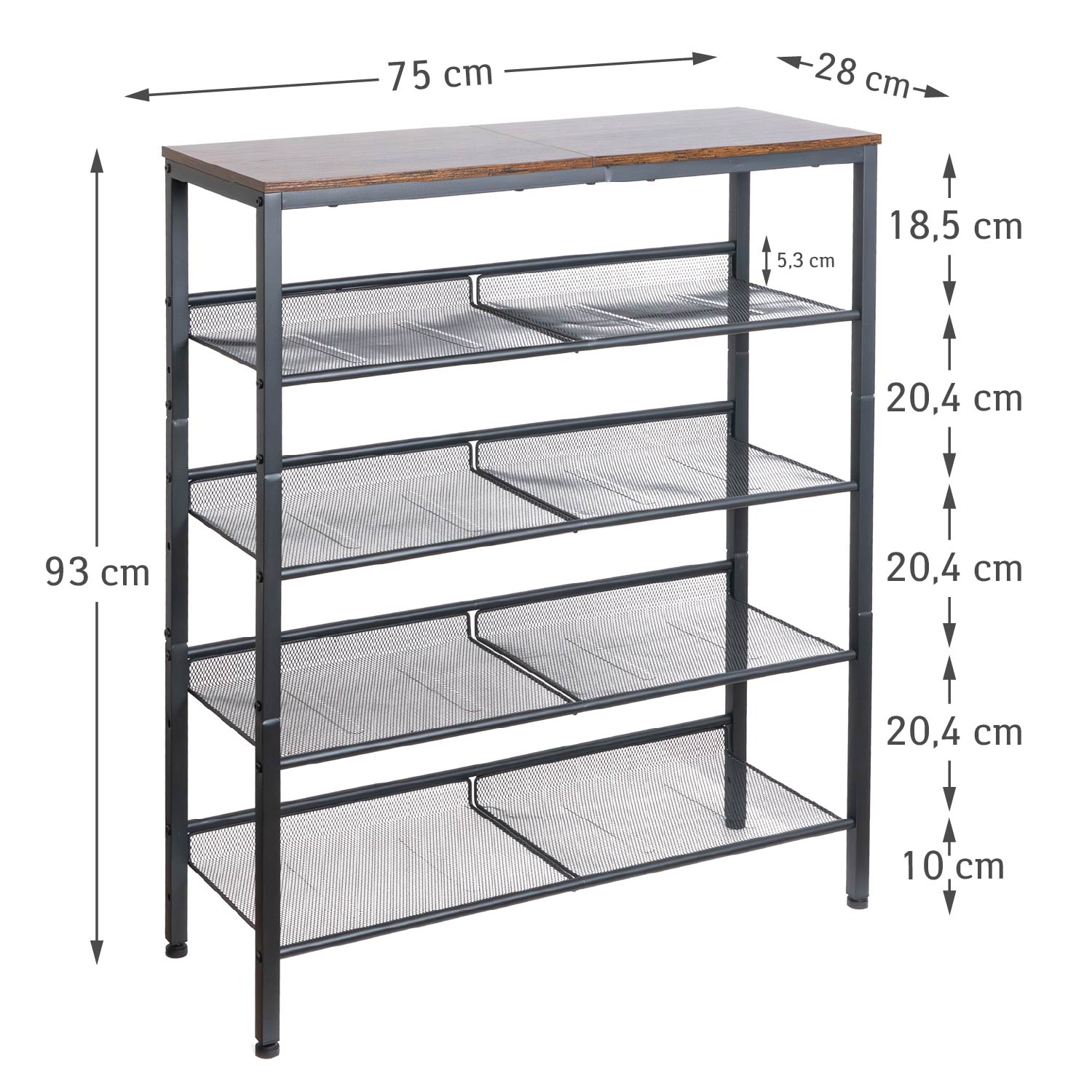 Schuhregal, 5-stöckiges, mit 4 verstellbar Gitterablage, Schuhregal Schmal, 75 x 28 x 93 cm, Schuhregal Metall, Tatkraft Otto, 4