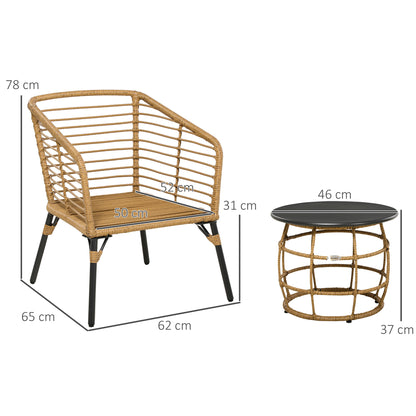 Outsunny - Rattan Gartenmöbel-Set, 3-TLG. Sitzgruppe, inkl. Couchtisch und 2 Stühle, Bistro-Set mit Kissen, Balkonmöbel, Sand+Dunkelgrau