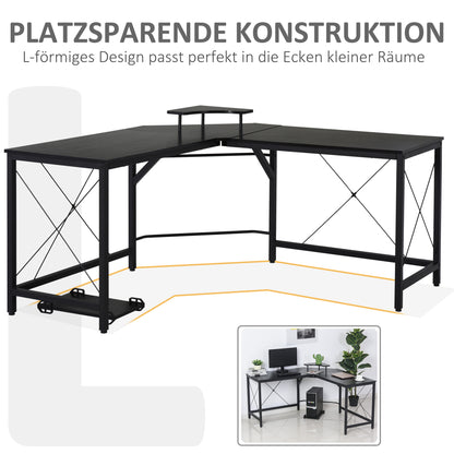 HOMCOM - Eckschreibtisch  L-förmiger Computertisch, Schreibtisch mit Monitorständer, Industrie-Design, Stahl, Schwarz, 150x150x76cm