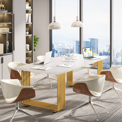 Schreibtisch, 180 x 79 x 78 cm, Computertisch, mit goldenem Beine für Home Office, Bürotisch, Konferenztisch, Weiß Gold, Tribesigns, 3