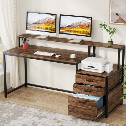 Schreibtisch mit Schubladen, Computertisch, 160x50x90cm, mit Druckerplatz und Monitorständer, Ergonomischer Bürotisch, für Home Office, Tribesigns, 1