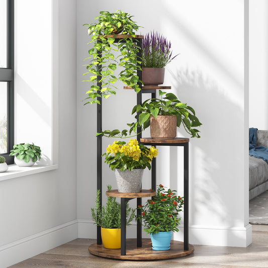 Blumenständer, 5 Etagen, Pflanzenständer hoch, 50 x 50 x 104 cm, Pflanzenregal Indoor, Blumenregal metall, für Terrasse, Braun Schwarz, Tribesigns, 1