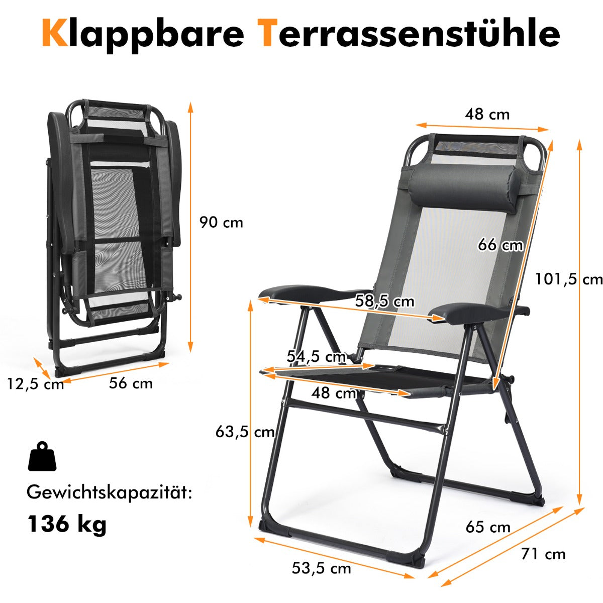 2 Liegestühle, 2 Klappbare Liegestühle für die Terrasse, 71 x 58,5 x 101,5 cm, Grau, Costway, 5