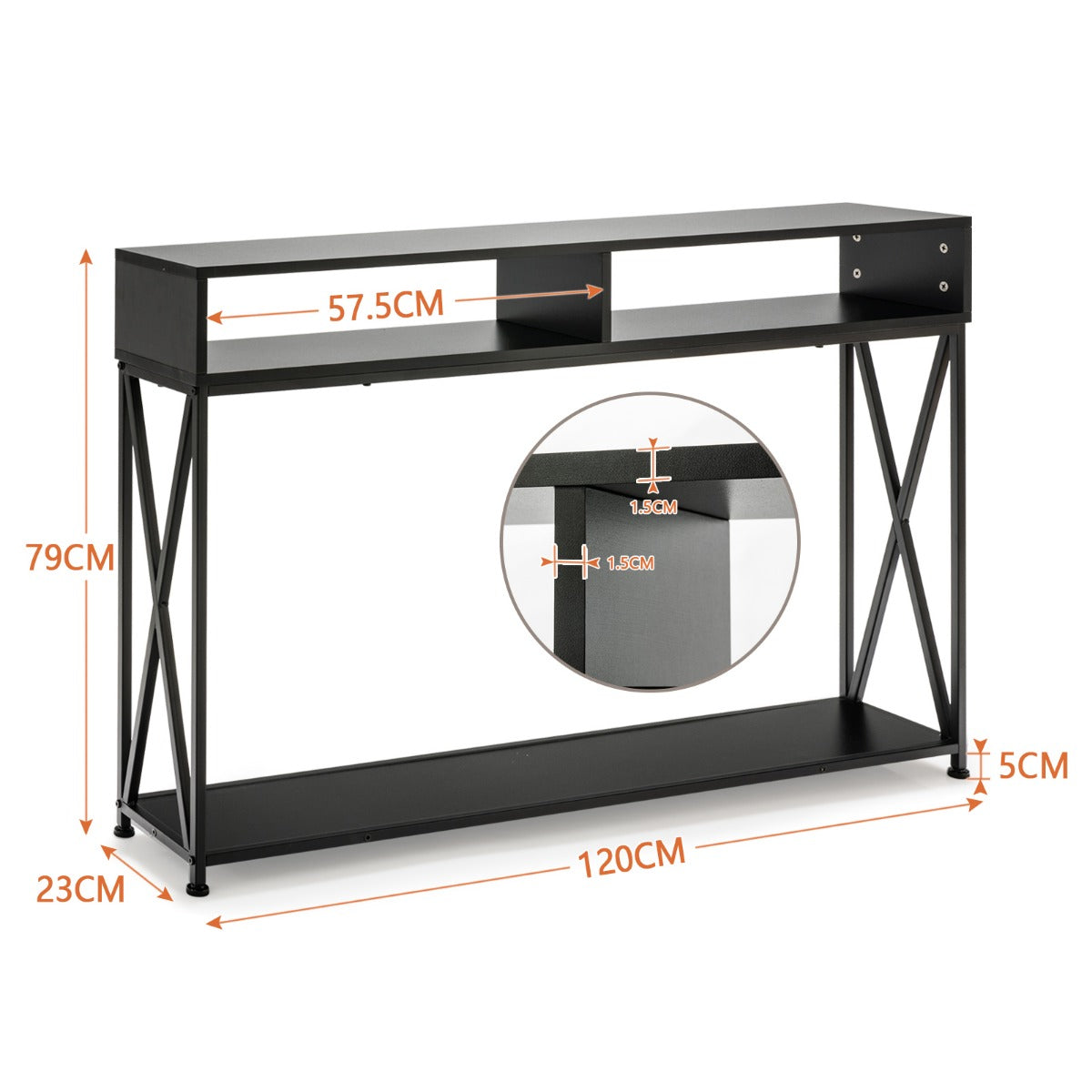 Konsolentisch, Konsolentisch Schmal, Schwarzer Konsolentisch mit Offenem Regalund Stahlrahmen, 120 x 23 x 79 cm, Costway, 4