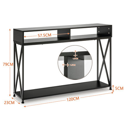 Konsolentisch, Konsolentisch Schmal, Schwarzer Konsolentisch mit Offenem Regalund Stahlrahmen, 120 x 23 x 79 cm, Costway, 4