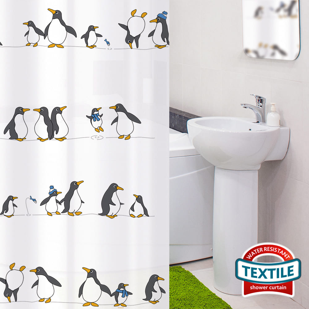 Tatkraft Penguins Duschvorhang mit 12 Vorhangringen, Textil Polyester, 180x180 cm