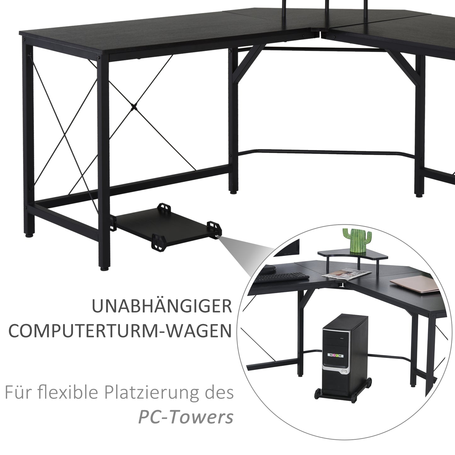 HOMCOM - Eckschreibtisch  L-förmiger Computertisch, Schreibtisch mit Monitorständer, Industrie-Design, Stahl, Schwarz, 150x150x76cm