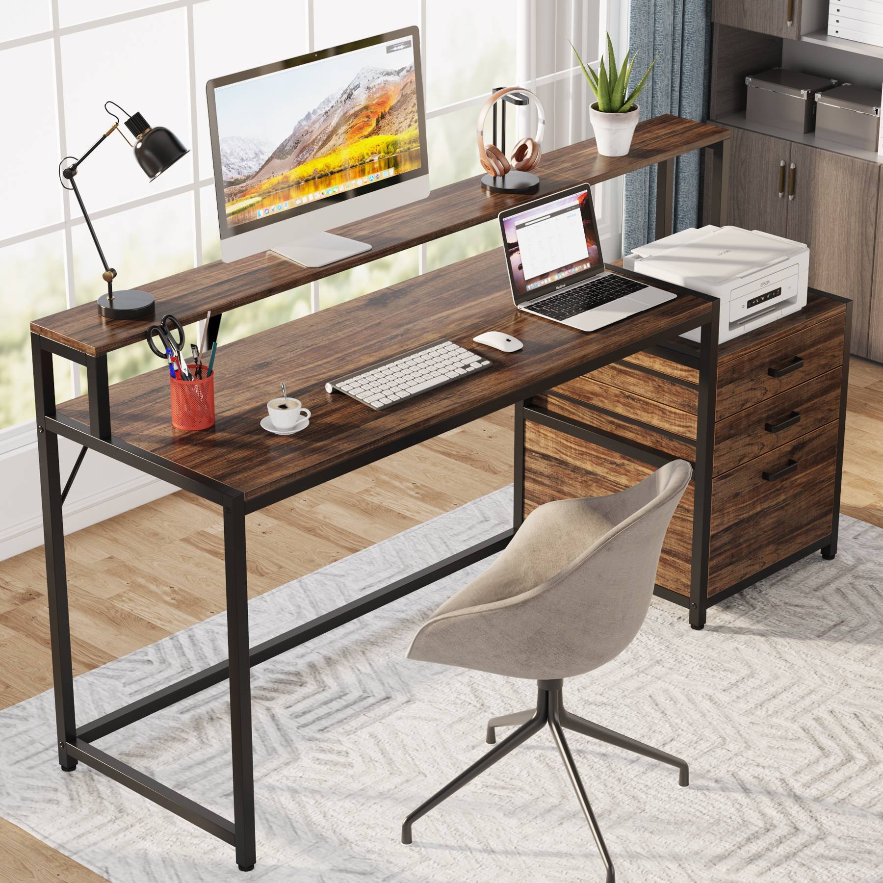 Schreibtisch mit Schubladen, Computertisch, 160x50x90cm, mit Druckerplatz und Monitorständer, Ergonomischer Bürotisch, für Home Office, Tribesigns, 4