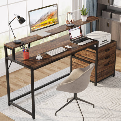 Schreibtisch mit Schubladen, Computertisch, 160x50x90cm, mit Druckerplatz und Monitorständer, Ergonomischer Bürotisch, für Home Office, Tribesigns, 4